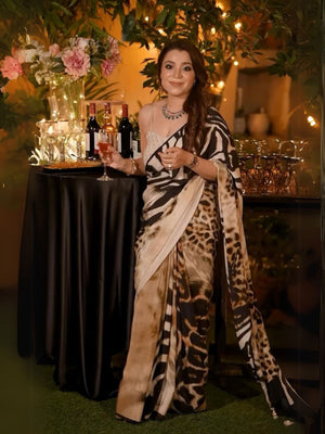 Rajwada Cream And Brown Animal Print Saree For Women