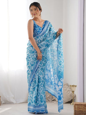 Rajwada Sky Blue Georgette Printed Saree For Women