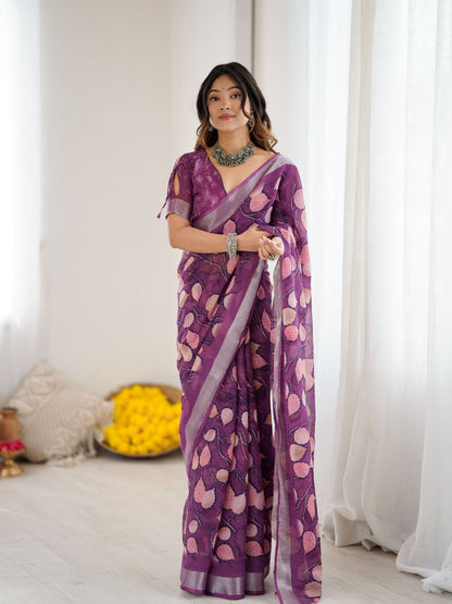 Rajwada Purple Linen Cotton Printed Saree For Women