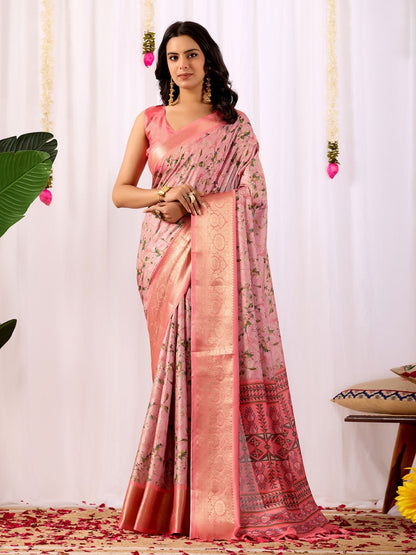 Rajwada Pink Silk Blend Printed Saree For Women