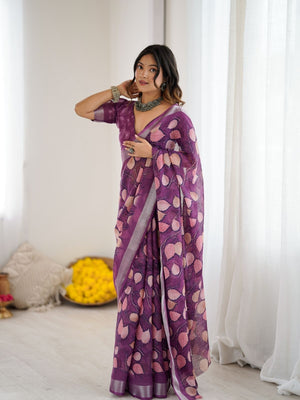 Rajwada Purple Linen Cotton Printed Saree For Women