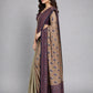 Cream And Dark Blue Silk Blend Solid Saree