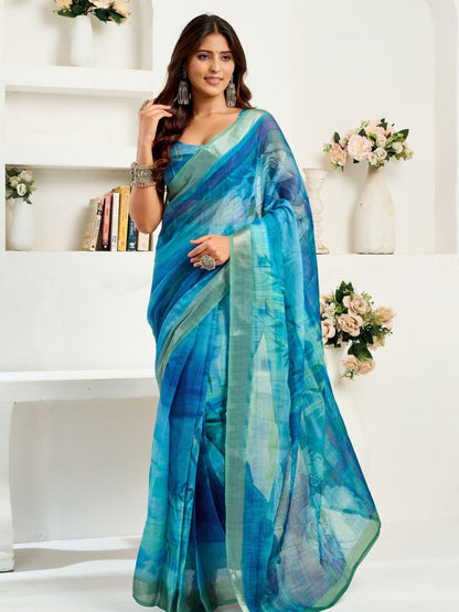 Rajwada Blue Cotton Linen Zari Work Saree For Women