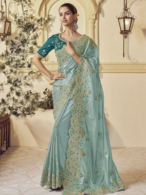 Rajwada Light Green Georgette Embroidered Elegant Saree For Women