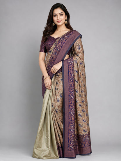 Cream And Dark Blue Silk Blend Solid Saree