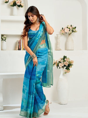 Rajwada Blue Cotton Linen Zari Work Saree For Women