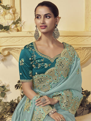 Rajwada Light Green Georgette Embroidered Elegant Saree For Women