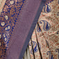 Cream And Dark Blue Silk Blend Solid Saree