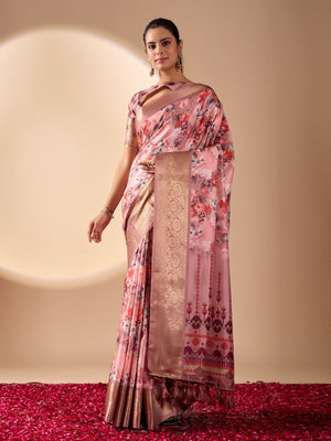 Rajwada Pink Silk Blend Printed Saree For Women
