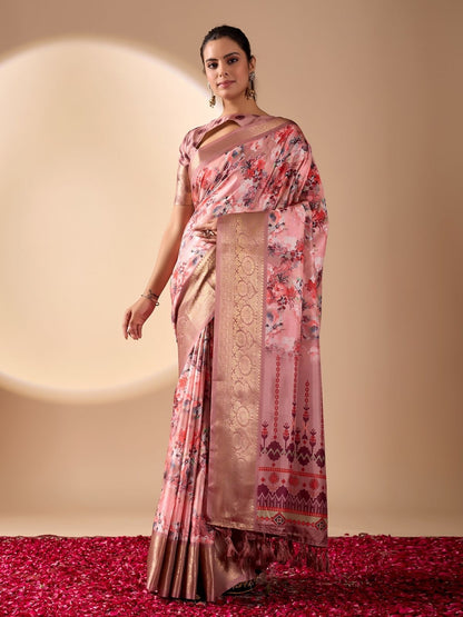 Rajwada Pink Silk Blend Printed Saree For Women
