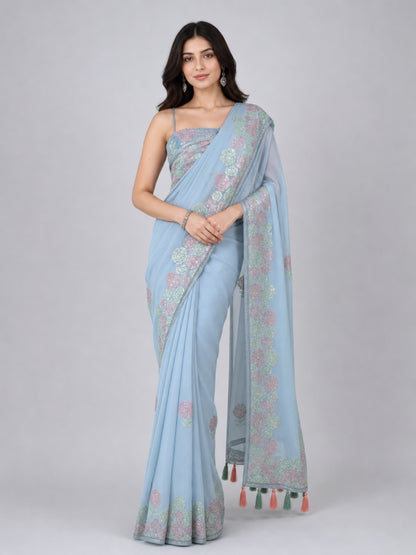 Light Blue Georgette Embroidered Saree
