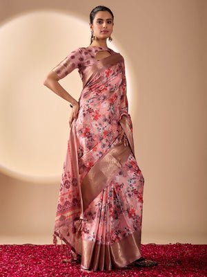 Rajwada Pink Silk Blend Printed Saree For Women