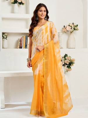 Rajwada Orange And White Cotton Linen Zari Work Saree For Women
