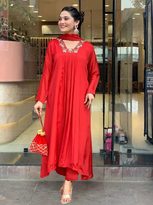 Rajwada Red Silk Blend Embroidered Stitched Kurta Set For Women