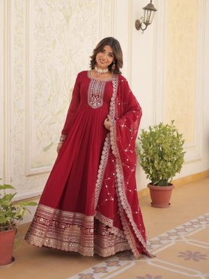 Rajwada Maroon Georgette  Embroidered Stitched Gown With Dupatta For Women