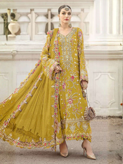 Rajwada Mustard Chiffon Embellished Semi-Stitched Kurta Set For Women