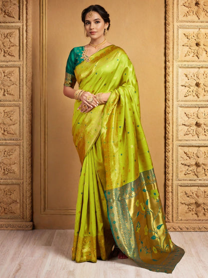 Rajwada Lime Green Silk Blend Woven Pithani Saree For Women