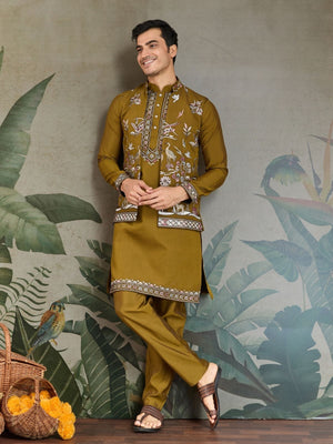 Rajwada Olive Viscose Silk Embroidered Stitched Kurta Set For Men