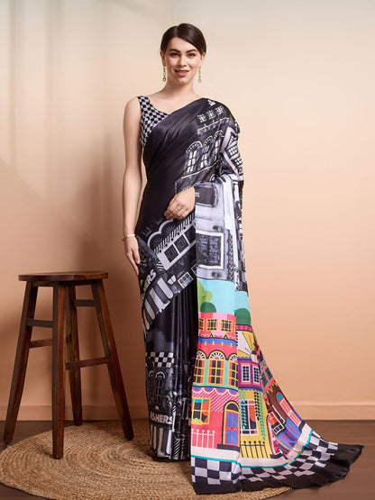 Rajwada Black Georgette Printed Saree For Women