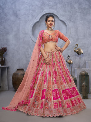 Rajwada Peach Organza Embellished Semi-Stitched Lehenga With Unstitched Blouse For Women
