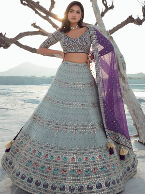 Rajwada Grey Georgette Embellished Semi-Stitched lehenga For Women