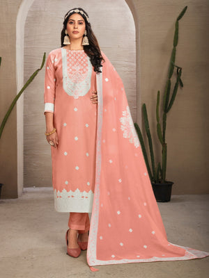 Rajwada Peach Organza Embroidered Semi-Stitched Kurta Set For Women