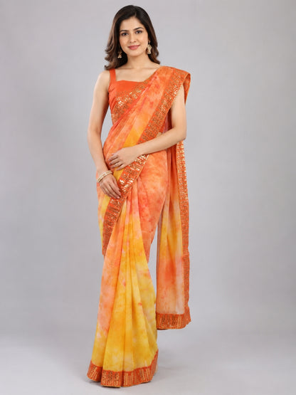 Mustard Yellow Georgette Embellished Saree