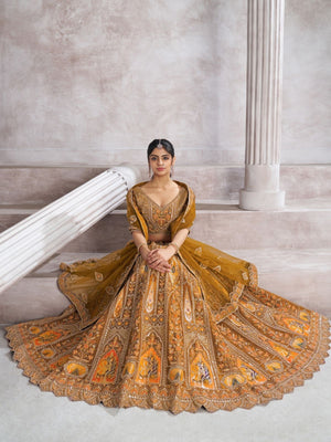 Rajwada Mustard Banarasi Silk Embroidered Semi-Stitched Lehenga For Women
