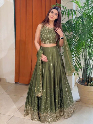 Rajwada Olive Green Silk Blend Embellished Semi Stitched Lehenga For Women