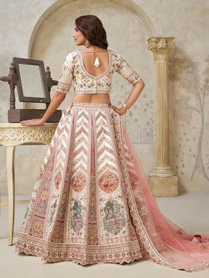 Rajwada Cream Silk Blend Embroidered Semi-Stitched Lehenga For Women