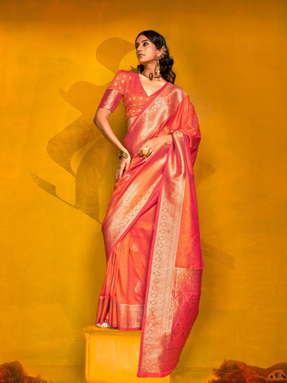 Rajwada Orange Silk Blend Woven Saree With Unstitched Blouse For Women