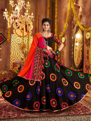 Rajwada Black Viscose Cotton Embroidered Semi-Stitched lehenga With Stunning Tassels For Women