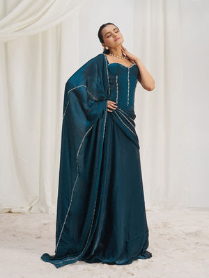 Rajwada Blue Organza Embellished Ready To Wear Saree With Stitched Blouse For Women