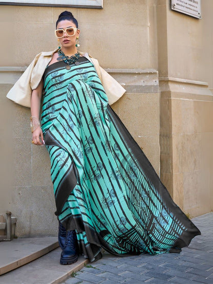 Rajwada Green Satin Printed Saree With Unstitched Blouse For  Women