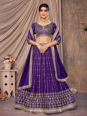 Rajwada Purple Silk Blend Sequins Embroidered Semi-Stitched Lehenga For Women