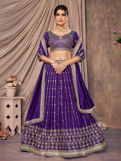 Rajwada Purple Silk Blend Sequins Embroidered Semi-Stitched Lehenga For Women