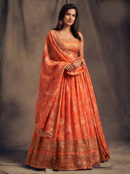 Rajwada Orange Organza Printed And Embriodered Semi-Stitched Lehenga For Women