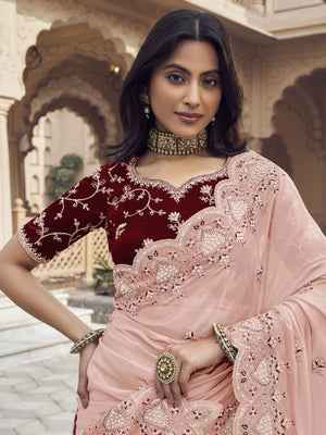 Rajwada Light Peach Silk Blend Embellished Elegant Saree For Women