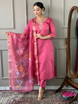 Rajwada Pink Viscose chanderi Embroidered Stitched Kurta Set For Women