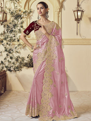 Rajwada Pink Georgette Embroidered Elegant Saree For Women