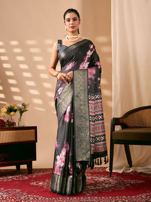 Rajwada Black Silk Blend Printed Saree For Women