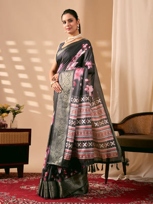 Rajwada Black Silk Blend Printed Saree For Women