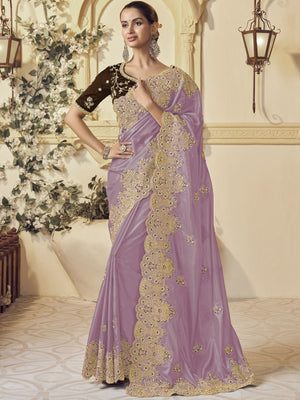Rajwada Lavender Georgette Embroidered Elegant Saree For Women