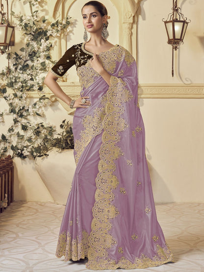 Rajwada Lavender Georgette Embroidered Elegant Saree For Women