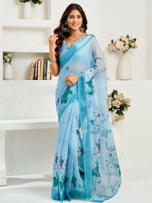 Rajwada Sky Blue Cotton Linen Zari Work Saree For Women