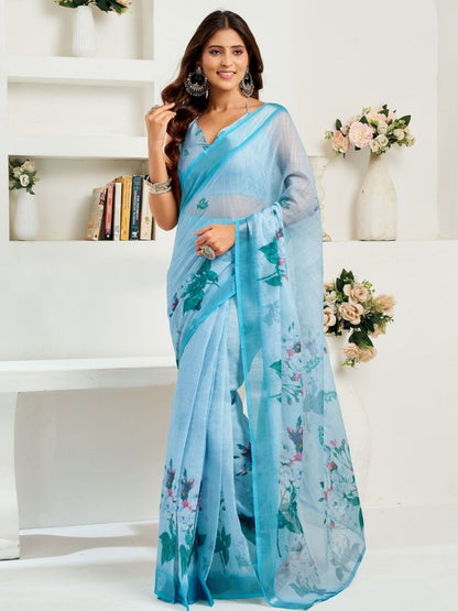 Rajwada Sky Blue Cotton Linen Zari Work Saree For Women