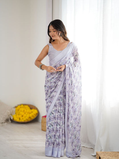 Rajwada Light Purple Linen Cotton Printed Saree For Women