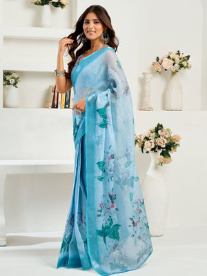 Rajwada Sky Blue Cotton Linen Zari Work Saree For Women