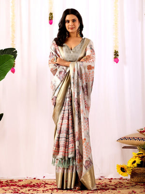 Rajwada Grey Silk Blend Printed Saree For Women