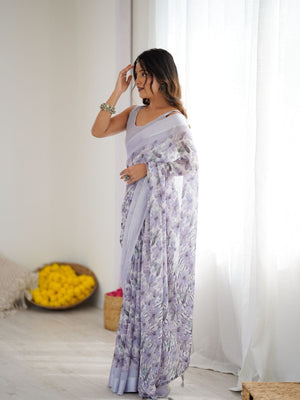 Rajwada Light Purple Linen Cotton Printed Saree For Women